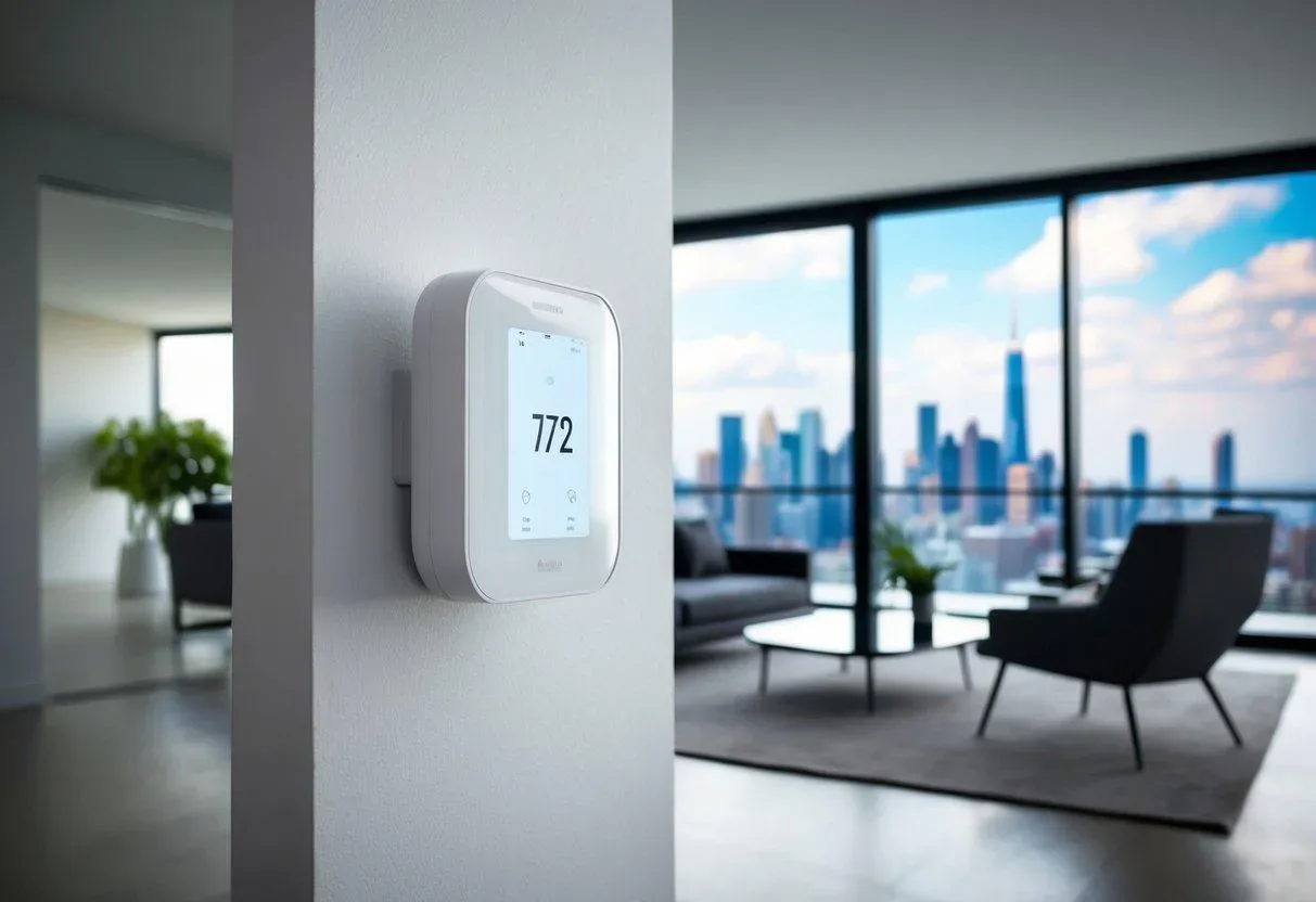 Smart thermostat on the wall of a modern furnished Austin apartment with floor-to-ceiling windows and a city skyline view