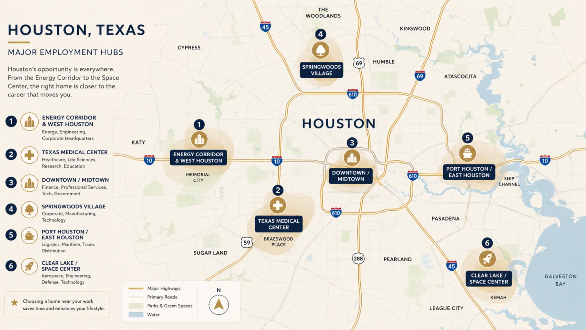 Map of Houston, Texas showing six major employment hubs: Energy Corridor and West Houston, Texas Medical Center, Downtown and Midtown, Springwoods Village, Port Houston and East Houston, and Clear Lake and Space Center