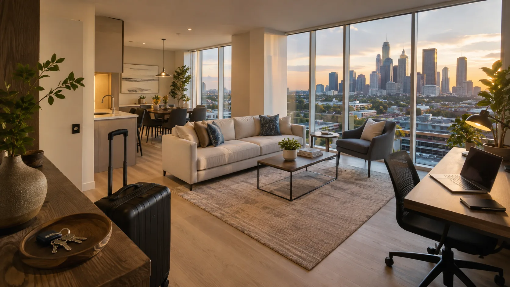 Furnished Houston apartment living area and home office at sunset with a suitcase and skyline view