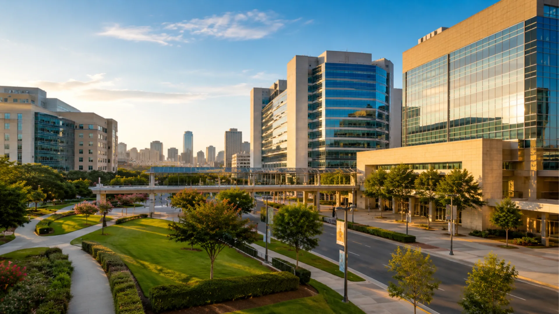 Texas Medical Center campus in Houston, with the skywalk connecting hospital and research buildings